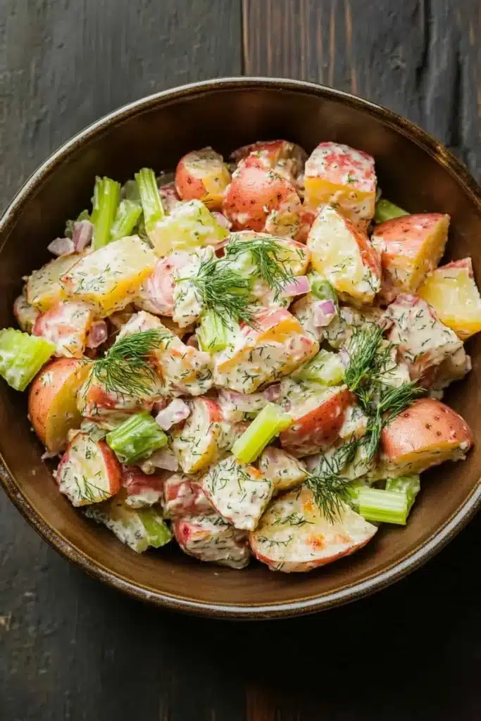 Creamy dill red potato salad - the image is a close-up of a bowl of potato salad. the bowl is made of dark brown ceramic and is placed on a wooden table. the salad is made up of diced potatoes, celery, and other vegetables, all mixed together in a creamy dressing. the potatoes are cut into small cubes and are arranged in a circular pattern. the dressing is drizzled over the top of the potatoes and is garnished with a sprig of dill. the overall appearance of the salad is fresh and appetizing.