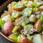 Creamy dill red potato salad - the image is a close-up of a bowl of salad. the salad is made up of diced potatoes, red onions, and green celery. the potatoes are cut into small cubes and are arranged in a circular pattern. the celery is scattered throughout the salad, adding a pop of green color to the dish. the bowl is made of dark brown ceramic and is sitting on a wooden table. the background is blurred, but it appears to be a kitchen countertop.