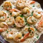 Creamy garlic shrimp skillet - the image shows a close-up of a dish in a brown ceramic bowl. the dish appears to be a creamy sauce with shrimp and scallops in it. the shrimp are cooked medium-sized and have a pinkish-orange color. they are arranged in a circular pattern on top of the sauce, with some of them overlapping each other. the sauce is garnished with chopped parsley and red onions. the bowl is sitting on a wooden table with a white napkin on the side. the overall color scheme of the dish is warm and inviting.