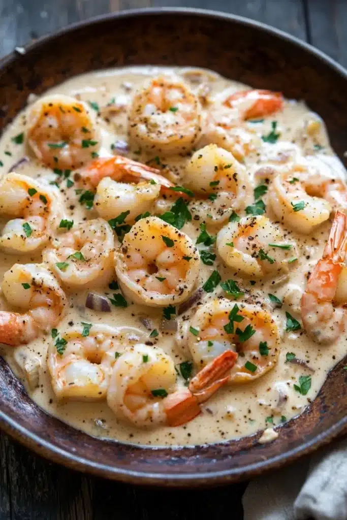 Creamy garlic shrimp skillet - the image shows a close-up of a dish in a brown ceramic bowl. the dish appears to be a creamy sauce with shrimp and scallops in it. the shrimp are cooked medium-sized and have a pinkish-orange color. they are arranged in a circular pattern on top of the sauce, with some of them overlapping each other. the sauce is garnished with chopped parsley and red onions. the bowl is sitting on a wooden table with a white napkin on the side. the overall color scheme of the dish is warm and inviting.