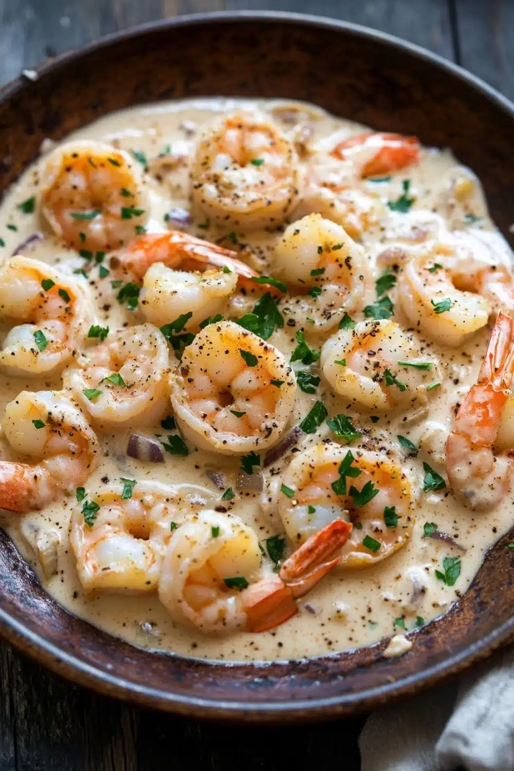 Creamy garlic shrimp skillet - the image shows a close-up of a dish in a brown ceramic bowl. the dish appears to be a creamy sauce with shrimp and scallops in it. the shrimp are cooked medium-sized and have a pinkish-orange color. they are arranged in a circular pattern on top of the sauce, with some of them overlapping each other. the sauce is garnished with chopped parsley and red onions. the bowl is sitting on a wooden table with a white napkin on the side. the overall color scheme of the dish is warm and inviting.
