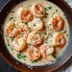 Creamy garlic shrimp skillet - the image shows a bowl of creamy shrimp soup. the soup is in a brown ceramic bowl and is garnished with chopped parsley and grated cheese. the shrimp are arranged in a circular pattern and appear to be cooked medium-sized. the bowl is sitting on a dark wooden table with a white cloth napkin on the side. there are also some red chili flakes scattered around the bowl. the overall color scheme of the image is warm and inviting.