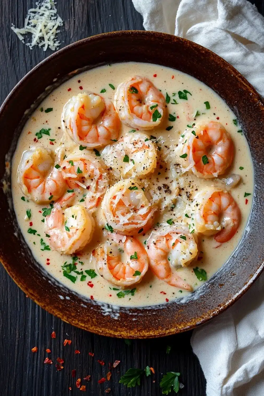 Creamy garlic shrimp skillet - the image shows a bowl of creamy shrimp soup. the soup is in a brown ceramic bowl and is garnished with chopped parsley and grated cheese. the shrimp are arranged in a circular pattern and appear to be cooked medium-sized. the bowl is sitting on a dark wooden table with a white cloth napkin on the side. there are also some red chili flakes scattered around the bowl. the overall color scheme of the image is warm and inviting.