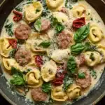 Creamy italian sausage tortellini skillet - the image is a close-up of a bowl of pasta dish. the dish appears to be a type of tortellini, with a creamy white sauce and chunks of sausage scattered throughout. the sauce is garnished with fresh basil leaves and red chili peppers. the bowl is made of dark brown ceramic and is sitting on a wooden table. the overall color scheme of the dish is warm and inviting.