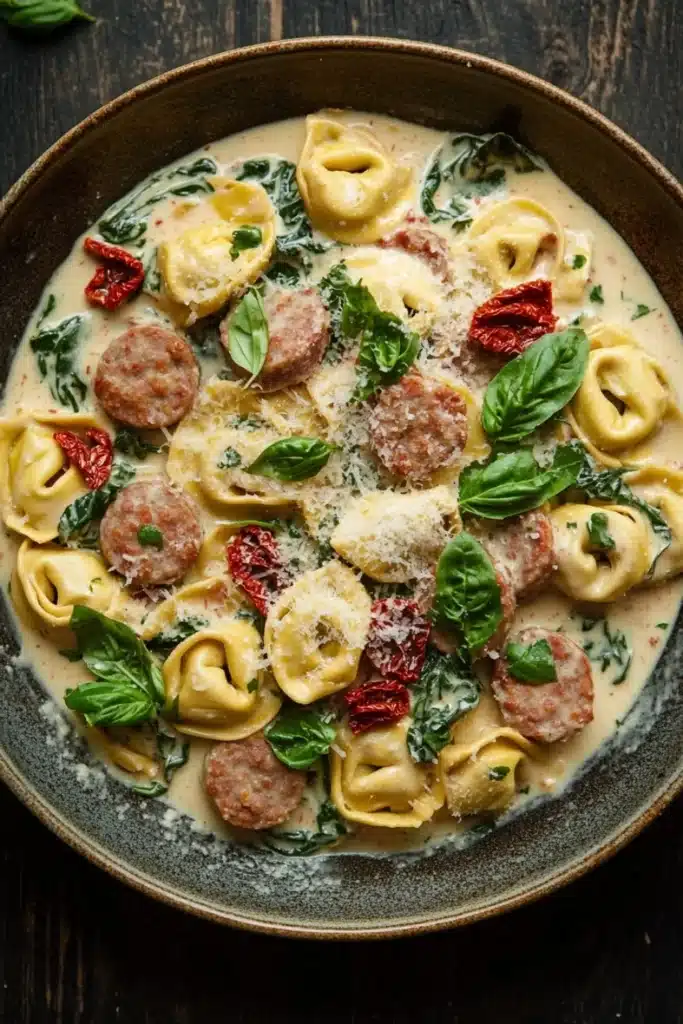 Creamy italian sausage tortellini skillet - the image is a close-up of a bowl of pasta dish. the dish appears to be a type of tortellini, with a creamy white sauce and chunks of sausage scattered throughout. the sauce is garnished with fresh basil leaves and red chili peppers. the bowl is made of dark brown ceramic and is sitting on a wooden table. the overall color scheme of the dish is warm and inviting.
