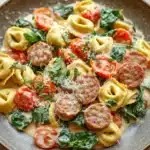 Creamy italian sausage tortellini skillet - the image shows a plate of pasta dish with sausage and cherry tomatoes. the pasta appears to be fusilli, which is a type of spiral-shaped pasta, and is covered in a creamy sauce. the sauce is drizzled over the top of the pasta and is garnished with fresh basil leaves. the dish is served in a brown ceramic bowl with a light brown rim. the background is a wooden table with a few sprigs of fresh basil scattered around.