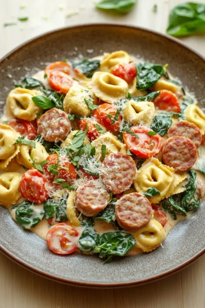 Creamy italian sausage tortellini skillet - the image shows a plate of pasta dish with sausage and cherry tomatoes. the pasta appears to be fusilli, which is a type of spiral-shaped pasta, and is covered in a creamy sauce. the sauce is drizzled over the top of the pasta and is garnished with fresh basil leaves. the dish is served in a brown ceramic bowl with a light brown rim. the background is a wooden table with a few sprigs of fresh basil scattered around.