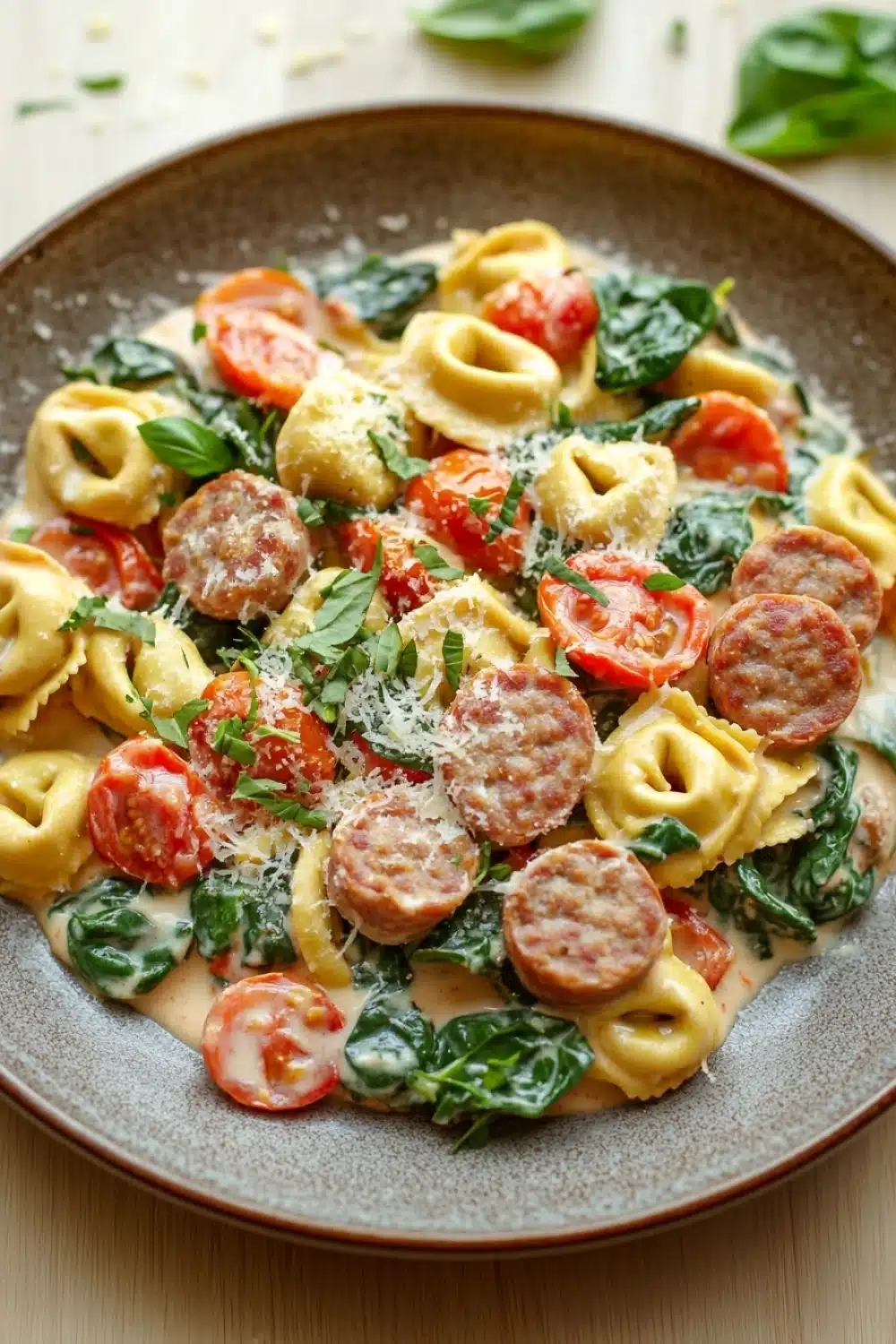 Creamy italian sausage tortellini skillet - the image shows a plate of pasta dish with sausage and cherry tomatoes. the pasta appears to be fusilli, which is a type of spiral-shaped pasta, and is covered in a creamy sauce. the sauce is drizzled over the top of the pasta and is garnished with fresh basil leaves. the dish is served in a brown ceramic bowl with a light brown rim. the background is a wooden table with a few sprigs of fresh basil scattered around.