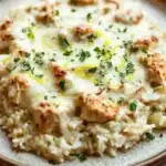 Creamy lemon chicken rice casserole - the image is a close-up of a plate of food. the plate is round and has a light brown rim. on top of the plate, there is a creamy white sauce with chunks of chicken and herbs scattered throughout. the sauce appears to be a creamy yellow color and is drizzled over the top. the chicken is cooked to a golden brown color and looks crispy on the outside. the dish is garnished with chopped parsley and a sprig of parsley. the background is blurred, but it seems to be an indoor setting with a white tablecloth.