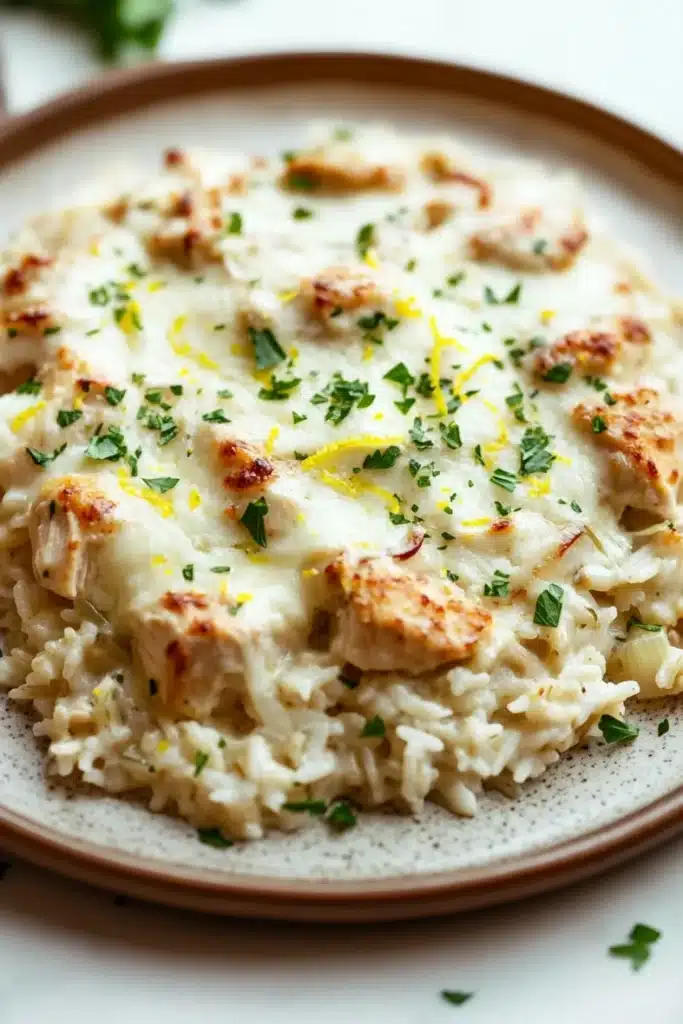 Creamy lemon chicken rice casserole - the image is a close-up of a plate of food. the plate is round and has a light brown rim. on top of the plate, there is a creamy white sauce with chunks of chicken and herbs scattered throughout. the sauce appears to be a creamy yellow color and is drizzled over the top. the chicken is cooked to a golden brown color and looks crispy on the outside. the dish is garnished with chopped parsley and a sprig of parsley. the background is blurred, but it seems to be an indoor setting with a white tablecloth.