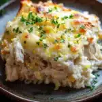 Creamy lemon chicken rice casserole - the image shows a slice of casserole on a brown plate. the dish appears to be made with a layer of mashed potatoes and chicken, topped with melted cheese and garnished with chopped parsley. the plate is sitting on a wooden table with a few sprigs of parsley scattered around it. the background is blurred, but it seems to be a kitchen countertop.