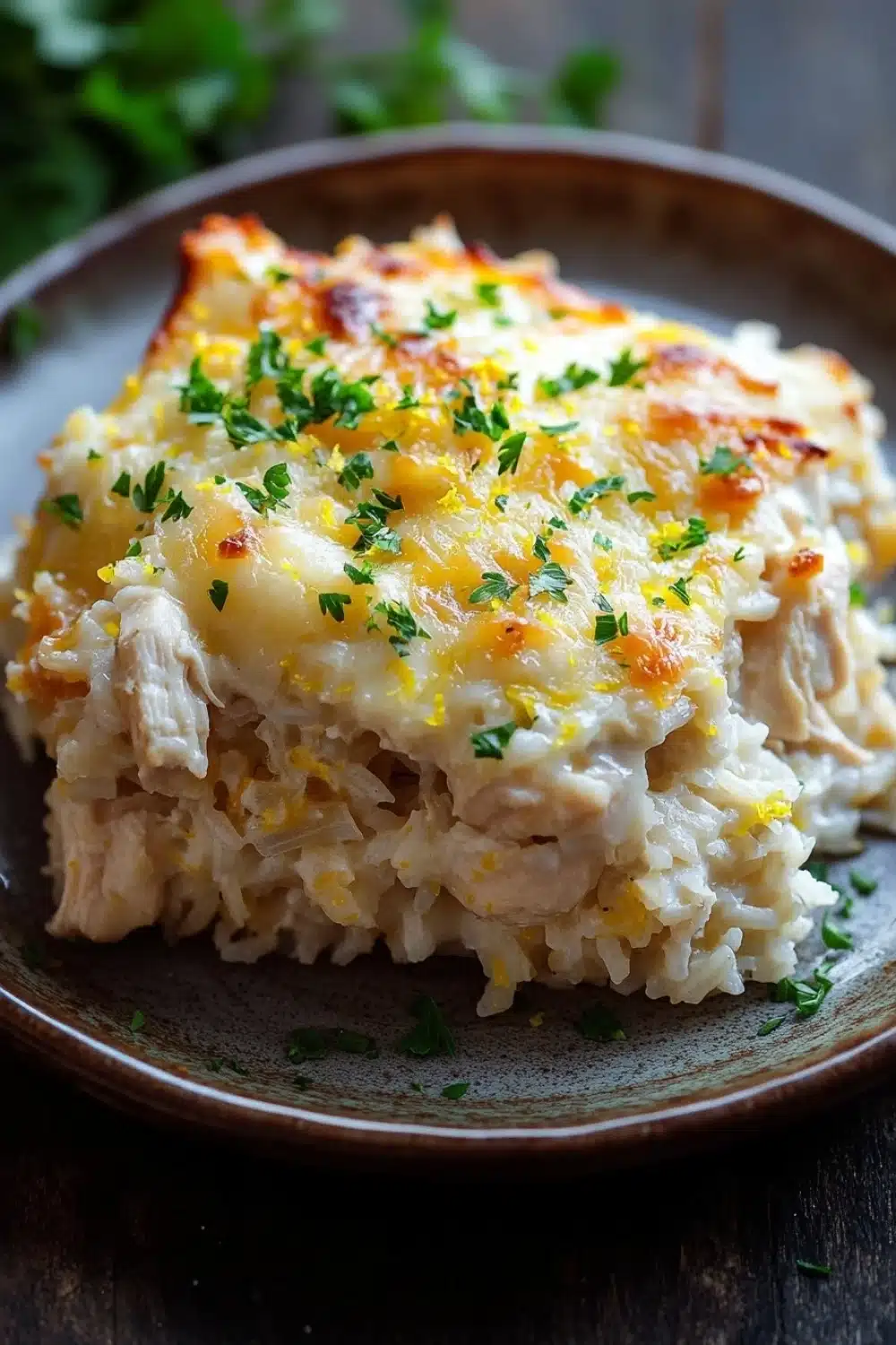 Creamy lemon chicken rice casserole - the image shows a slice of casserole on a brown plate. the dish appears to be made with a layer of mashed potatoes and chicken, topped with melted cheese and garnished with chopped parsley. the plate is sitting on a wooden table with a few sprigs of parsley scattered around it. the background is blurred, but it seems to be a kitchen countertop.