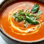 Creamy pepper jack tomato soup - the image is a close-up of a bowl of tomato soup. the soup is a bright orange color and appears to be thick and creamy. the bowl is made of ceramic with a dark brown rim and has a speckled pattern around the edges. on top of the soup, there is a generous amount of fresh basil leaves, which are scattered across the surface. the basil leaves are a vibrant green color and appear to be fresh and healthy. the background is white, making the bowl and its contents stand out.