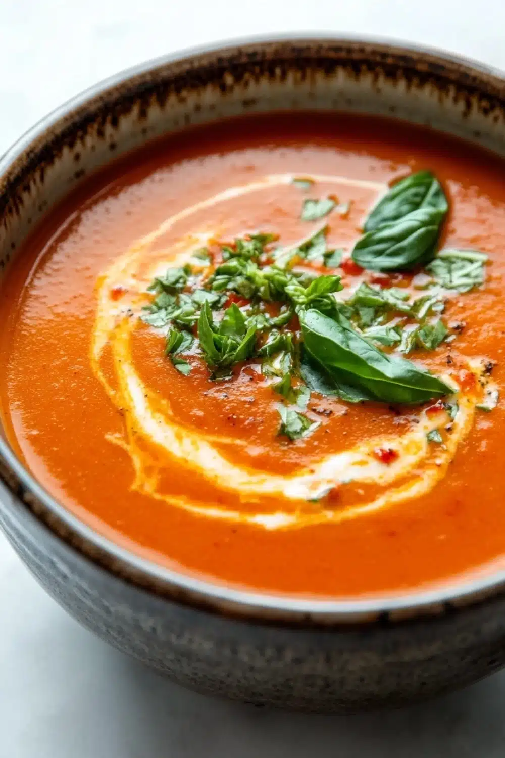 Creamy pepper jack tomato soup - the image is a close-up of a bowl of tomato soup. the soup is a bright orange color and appears to be thick and creamy. the bowl is made of ceramic with a dark brown rim and has a speckled pattern around the edges. on top of the soup, there is a generous amount of fresh basil leaves, which are scattered across the surface. the basil leaves are a vibrant green color and appear to be fresh and healthy. the background is white, making the bowl and its contents stand out.