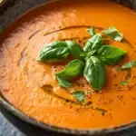 Creamy pepper jack tomato soup - the image is a close-up of a bowl of tomato soup. the soup is a bright orange color and appears to be thick and creamy. it is garnished with fresh basil leaves and black pepper flakes. the bowl is made of dark brown ceramic and has a textured surface. the background is a dark grey color, making the colors of the soup stand out. the overall mood of the image is fresh and appetizing.
