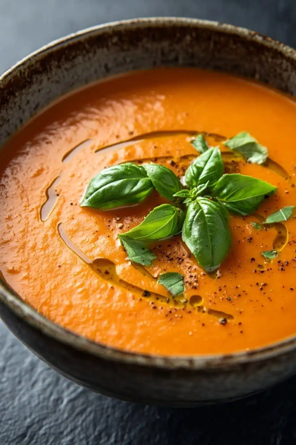 Creamy pepper jack tomato soup - the image is a close-up of a bowl of tomato soup. the soup is a bright orange color and appears to be thick and creamy. it is garnished with fresh basil leaves and black pepper flakes. the bowl is made of dark brown ceramic and has a textured surface. the background is a dark grey color, making the colors of the soup stand out. the overall mood of the image is fresh and appetizing.