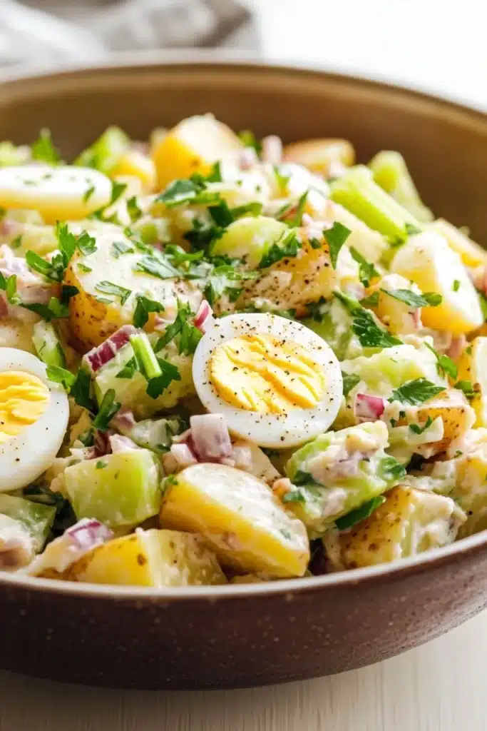 Creamy potato and egg salad - the image is a close-up of a bowl of potato salad. the bowl is made of brown ceramic and is placed on a white tablecloth. the salad is made up of diced potatoes, diced celery, red onions, and a dollop of hard-boiled eggs. the eggs are cut in half and are arranged in a circular pattern. there are also some chopped herbs scattered throughout the salad, adding a pop of green color. the overall appearance of the salad is fresh and appetizing.