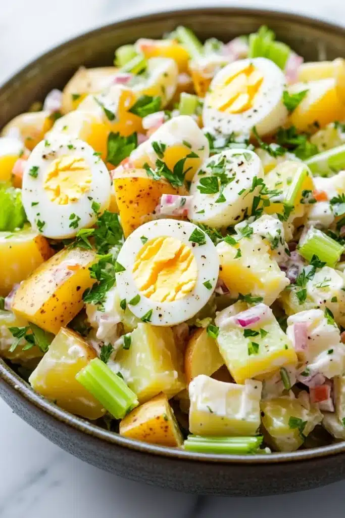 Creamy potato and egg salad - the image is a close-up of a bowl of potato salad. the salad is made up of diced potatoes, diced ham, diced celery, and hard-boiled eggs. the potatoes are yellow and appear to be seasoned with herbs and spices. the ham is cut into small cubes and is scattered throughout the salad. there are also some chopped parsley scattered throughout, adding a pop of green color to the dish. the bowl is made of dark brown ceramic and is sitting on a white marble countertop.