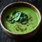 Creamy soup with spinach - the image is a close-up of a bowl of green soup on a wooden table. the soup appears to be a creamy green color and is topped with fresh spinach leaves and black sesame seeds. the bowl is made of ceramic and has a brown rim. the background is dark and out of focus, making the bowl and its contents the focal point of the image.