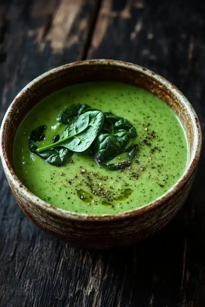 Creamy soup with spinach - the image is a close-up of a bowl of green soup on a wooden table. the soup appears to be a creamy green color and is topped with fresh spinach leaves and black sesame seeds. the bowl is made of ceramic and has a brown rim. the background is dark and out of focus, making the bowl and its contents the focal point of the image.