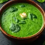 Creamy soup with spinach - the image is a close-up of a bowl of green soup. the soup appears to be creamy and has a smooth texture. it is garnished with fresh spinach leaves and a small piece of white cheese on top. the bowl is made of ceramic and is placed on a dark grey textured surface. there are two whole spinach leaves scattered around the bowl, adding a pop of green color to the image. the overall mood of the image is fresh and appetizing.