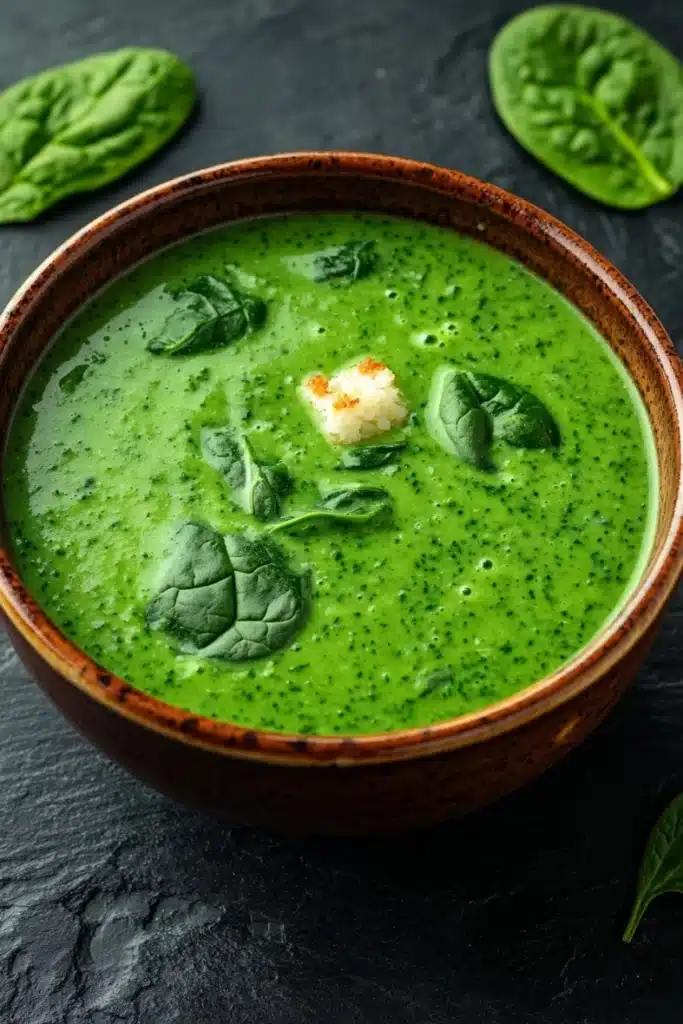 Creamy soup with spinach - the image is a close-up of a bowl of green soup. the soup appears to be creamy and has a smooth texture. it is garnished with fresh spinach leaves and a small piece of white cheese on top. the bowl is made of ceramic and is placed on a dark grey textured surface. there are two whole spinach leaves scattered around the bowl, adding a pop of green color to the image. the overall mood of the image is fresh and appetizing.