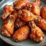 Crispy chicken wings without frying - the image shows a plate of cooked chicken wings. the wings are golden brown and appear to be seasoned with herbs and spices. they are arranged in a circular pattern on the plate, with some overlapping each other. the plate is made of a light-colored material, possibly ceramic or porcelain, and is placed on a dark grey surface. the background is blurred, but it appears to be a kitchen countertop.