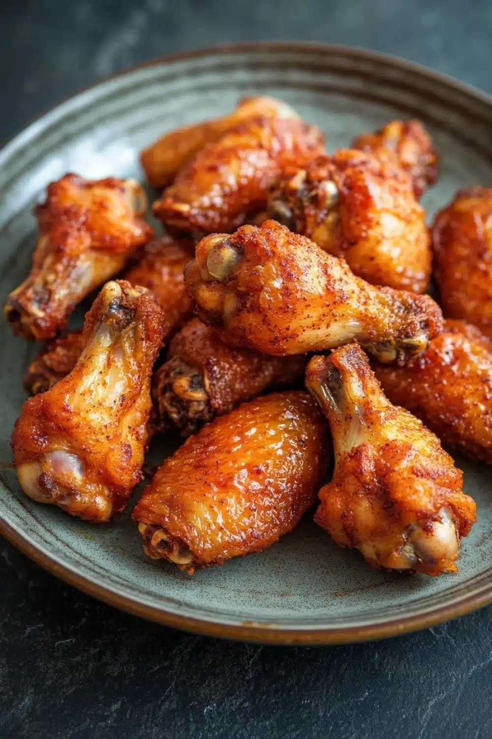 Crispy chicken wings without frying - the image shows a plate of cooked chicken wings. the wings are golden brown and appear to be seasoned with herbs and spices. they are arranged in a circular pattern on the plate, with some overlapping each other. the plate is made of a light-colored material, possibly ceramic or porcelain, and is placed on a dark grey surface. the background is blurred, but it appears to be a kitchen countertop.