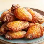 Crispy chicken wings without frying - the image shows a plate of fried chicken wings on a wooden table. the wings are golden brown and appear to be crispy on the outside. they are arranged in a circular pattern on the plate, with some overlapping each other. the plate is light blue with a speckled pattern around the edges. the background is blurred, but it appears to be a kitchen countertop.