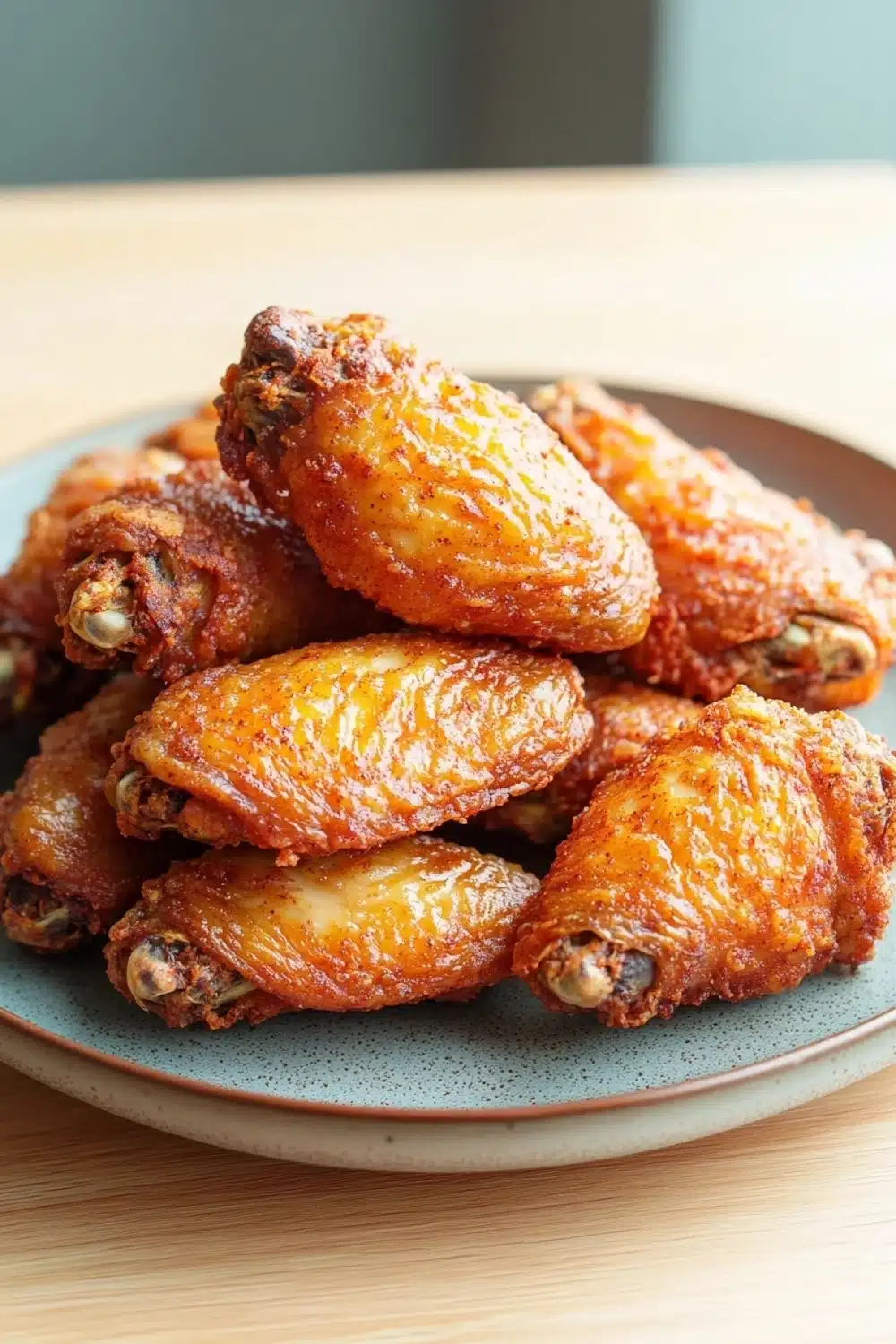 Crispy chicken wings without frying - the image shows a plate of fried chicken wings on a wooden table. the wings are golden brown and appear to be crispy on the outside. they are arranged in a circular pattern on the plate, with some overlapping each other. the plate is light blue with a speckled pattern around the edges. the background is blurred, but it appears to be a kitchen countertop.
