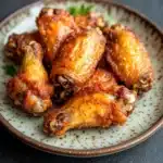 Crispy juicy baked chicken wings - the image shows a plate of baked chicken wings. the wings are golden brown and appear to be crispy on the outside. they are arranged in a circular pattern on the plate, with some overlapping each other. the plate is made of ceramic and has a speckled pattern around the edges. there are a few sprigs of parsley scattered around the plate. the background is a dark grey countertop.