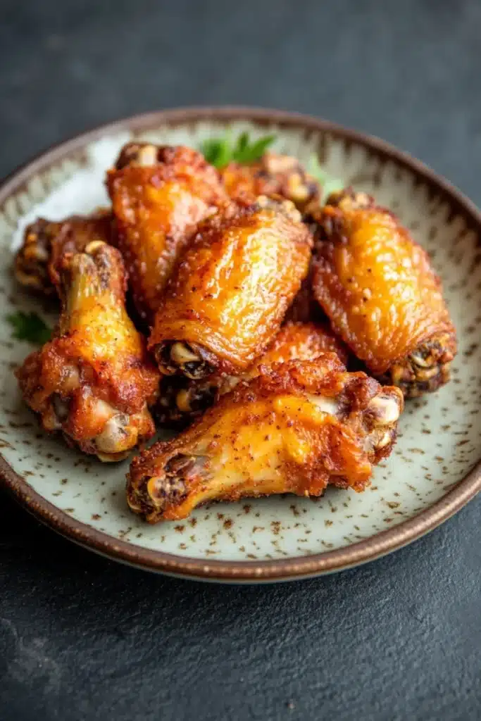 Crispy juicy baked chicken wings - the image shows a plate of baked chicken wings. the wings are golden brown and appear to be crispy on the outside. they are arranged in a circular pattern on the plate, with some overlapping each other. the plate is made of ceramic and has a speckled pattern around the edges. there are a few sprigs of parsley scattered around the plate. the background is a dark grey countertop.