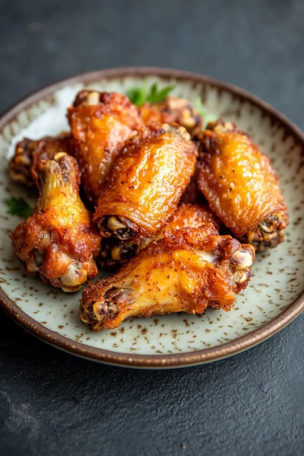 Crispy juicy baked chicken wings - the image shows a plate of baked chicken wings. the wings are golden brown and appear to be crispy on the outside. they are arranged in a circular pattern on the plate, with some overlapping each other. the plate is made of ceramic and has a speckled pattern around the edges. there are a few sprigs of parsley scattered around the plate. the background is a dark grey countertop.