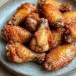 Crispy juicy baked chicken wings - the image shows a plate of fried chicken wings. the wings are golden brown and appear to be crispy on the outside. they are arranged in a circular pattern on the plate, with some overlapping each other. the plate is made of a light-colored ceramic or porcelain material and has a speckled texture. the background is blurred, but it appears to be a wooden table or countertop.
