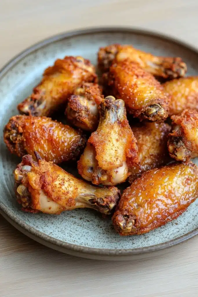 Crispy juicy baked chicken wings - the image shows a plate of fried chicken wings. the wings are golden brown and appear to be crispy on the outside. they are arranged in a circular pattern on the plate, with some overlapping each other. the plate is made of a light-colored ceramic or porcelain material and has a speckled texture. the background is blurred, but it appears to be a wooden table or countertop.