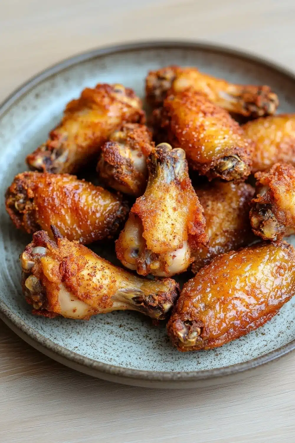 Crispy juicy baked chicken wings - the image shows a plate of fried chicken wings. the wings are golden brown and appear to be crispy on the outside. they are arranged in a circular pattern on the plate, with some overlapping each other. the plate is made of a light-colored ceramic or porcelain material and has a speckled texture. the background is blurred, but it appears to be a wooden table or countertop.