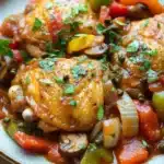 Crock pot chicken cacciatore - the image shows a plate of food with a dish of chicken and vegetables. the chicken is cooked to a golden brown color and appears to be seasoned with herbs and spices. the vegetables include bell peppers, onions, and mushrooms. the dish is garnished with chopped parsley. the plate is white with a blue rim and is sitting on a wooden table. the background is blurred, but it seems to be a kitchen countertop.