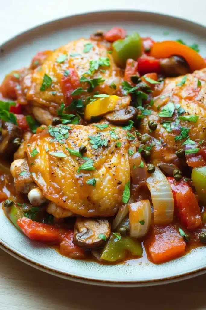 Crock pot chicken cacciatore - the image shows a plate of food with a dish of chicken and vegetables. the chicken is cooked to a golden brown color and appears to be seasoned with herbs and spices. the vegetables include bell peppers, onions, and mushrooms. the dish is garnished with chopped parsley. the plate is white with a blue rim and is sitting on a wooden table. the background is blurred, but it seems to be a kitchen countertop.