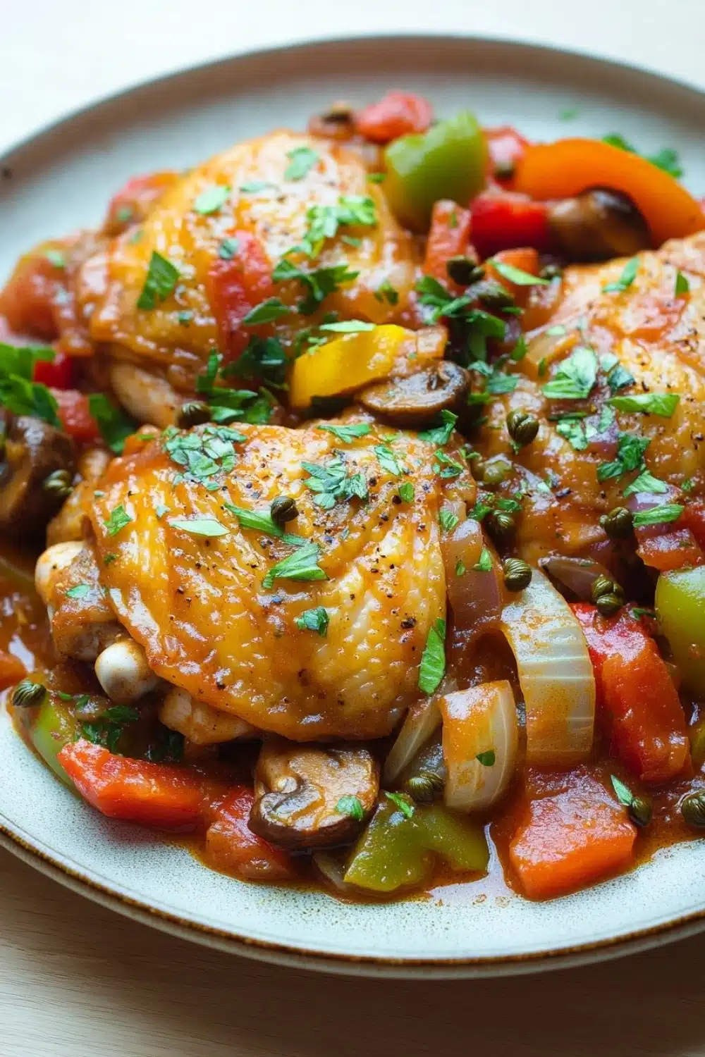 Crock pot chicken cacciatore - the image shows a plate of food with a dish of chicken and vegetables. the chicken is cooked to a golden brown color and appears to be seasoned with herbs and spices. the vegetables include bell peppers, onions, and mushrooms. the dish is garnished with chopped parsley. the plate is white with a blue rim and is sitting on a wooden table. the background is blurred, but it seems to be a kitchen countertop.