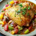 Crock pot chicken cacciatore - the image shows a plate of food with a dish of chicken and vegetables. the chicken is cooked to a golden brown color and is covered in a tomato-based sauce. the dish is garnished with a sprig of fresh parsley. the vegetables include bell peppers, onions, and mushrooms. the plate is sitting on a dark grey countertop. the overall color scheme of the dish is warm and inviting.