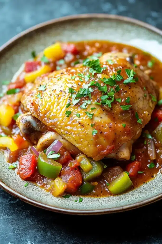 Crock pot chicken cacciatore - the image shows a plate of food with a dish of chicken and vegetables. the chicken is cooked to a golden brown color and is covered in a tomato-based sauce. the dish is garnished with a sprig of fresh parsley. the vegetables include bell peppers, onions, and mushrooms. the plate is sitting on a dark grey countertop. the overall color scheme of the dish is warm and inviting.