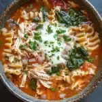 Crock pot chicken lasagna soup - the image is a close-up of a bowl of soup. the soup appears to be a tomato-based broth with chunks of chicken, spinach, and other vegetables mixed in. the bowl is made of ceramic and has a brown rim. the broth is a rich orange color and looks thick and creamy. on top of the soup, there is a dollop of sour cream and a sprinkle of chopped parsley. the dish is garnished with a sprig of fresh green herbs. the background is a dark grey countertop.