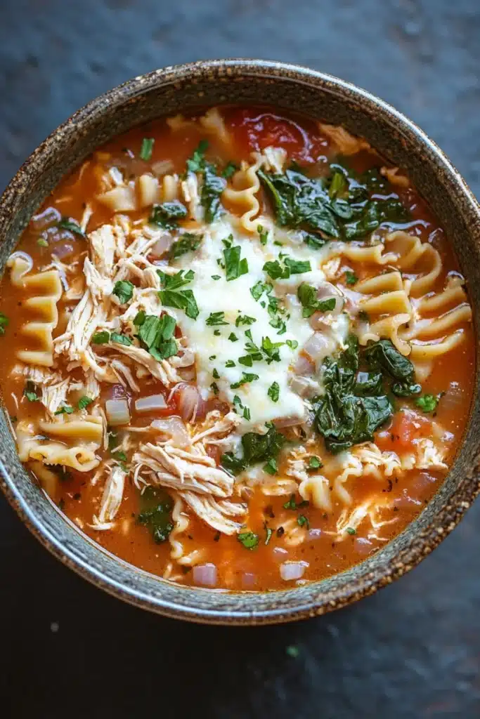 Crock pot chicken lasagna soup - the image is a close-up of a bowl of soup. the soup appears to be a tomato-based broth with chunks of chicken, spinach, and other vegetables mixed in. the bowl is made of ceramic and has a brown rim. the broth is a rich orange color and looks thick and creamy. on top of the soup, there is a dollop of sour cream and a sprinkle of chopped parsley. the dish is garnished with a sprig of fresh green herbs. the background is a dark grey countertop.