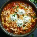 Crock pot chicken lasagna soup - the image is a close-up of a bowl of soup. the soup appears to be a creamy orange color with chunks of chicken and tortellini visible in the broth. on top of the soup, there are two dollop of sour cream and a sprinkle of chopped parsley. the bowl is made of ceramic and is sitting on a dark grey surface. there are a few sprigs of parsley scattered around the bowl. the overall mood of the image is warm and inviting.