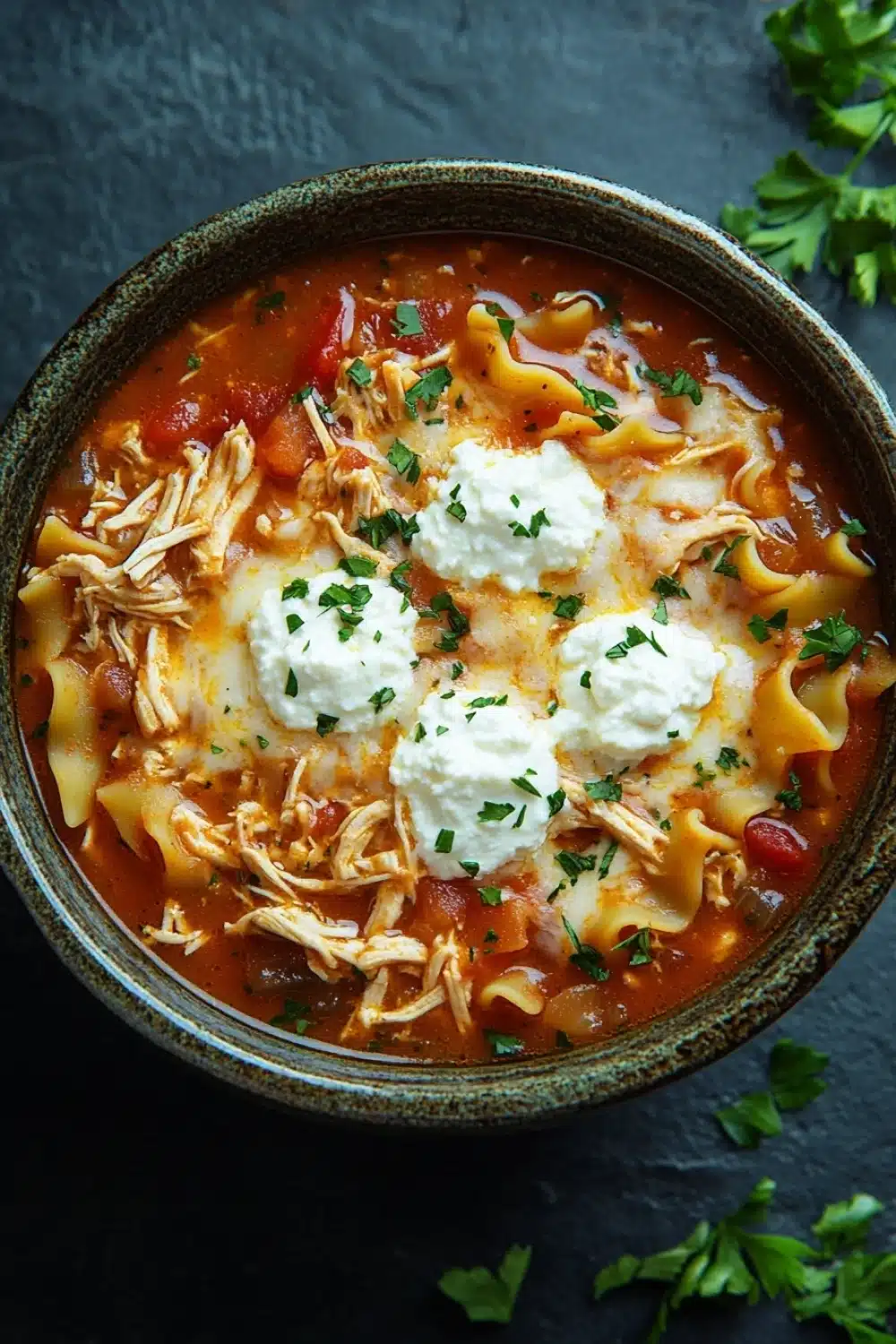 Crock pot chicken lasagna soup - the image is a close-up of a bowl of soup. the soup appears to be a creamy orange color with chunks of chicken and tortellini visible in the broth. on top of the soup, there are two dollop of sour cream and a sprinkle of chopped parsley. the bowl is made of ceramic and is sitting on a dark grey surface. there are a few sprigs of parsley scattered around the bowl. the overall mood of the image is warm and inviting.