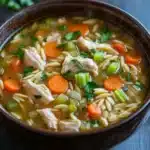 Crock pot chicken orzo soup - the image is a close-up of a bowl of soup. the soup appears to be a type of chicken noodle soup, with chunks of chicken, carrots, celery, and other vegetables mixed in. the bowl is made of dark brown ceramic and is sitting on a dark wooden table. there are a few sprigs of parsley scattered around the bowl, adding a pop of green color to the dish. the background is blurred, making the bowl the focal point of the image.