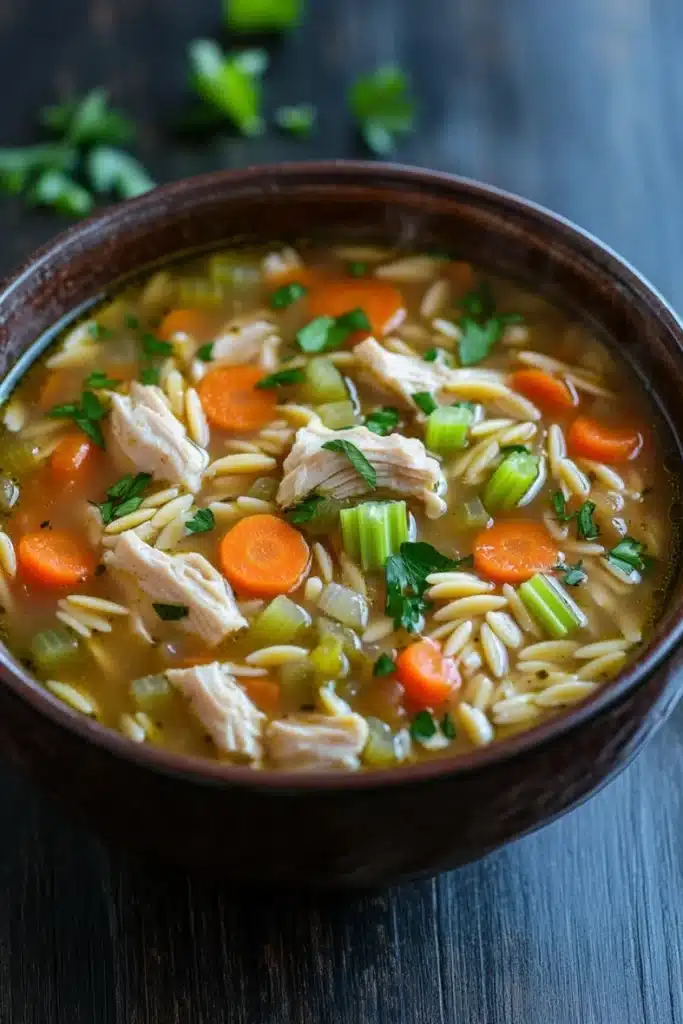 Crock pot chicken orzo soup - the image is a close-up of a bowl of soup. the soup appears to be a type of chicken noodle soup, with chunks of chicken, carrots, celery, and other vegetables mixed in. the bowl is made of dark brown ceramic and is sitting on a dark wooden table. there are a few sprigs of parsley scattered around the bowl, adding a pop of green color to the dish. the background is blurred, making the bowl the focal point of the image.