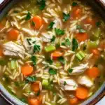 Crock pot chicken orzo soup - the image is a close-up of a bowl of soup. the soup appears to be a type of noodle soup with chunks of chicken, carrots, celery, and other vegetables mixed in. the bowl is made of ceramic and has a brown rim. the broth is a light brown color and looks thick and creamy. there are also a few sprigs of parsley scattered throughout the soup, adding a pop of green color to the dish. the background is a white marble countertop.