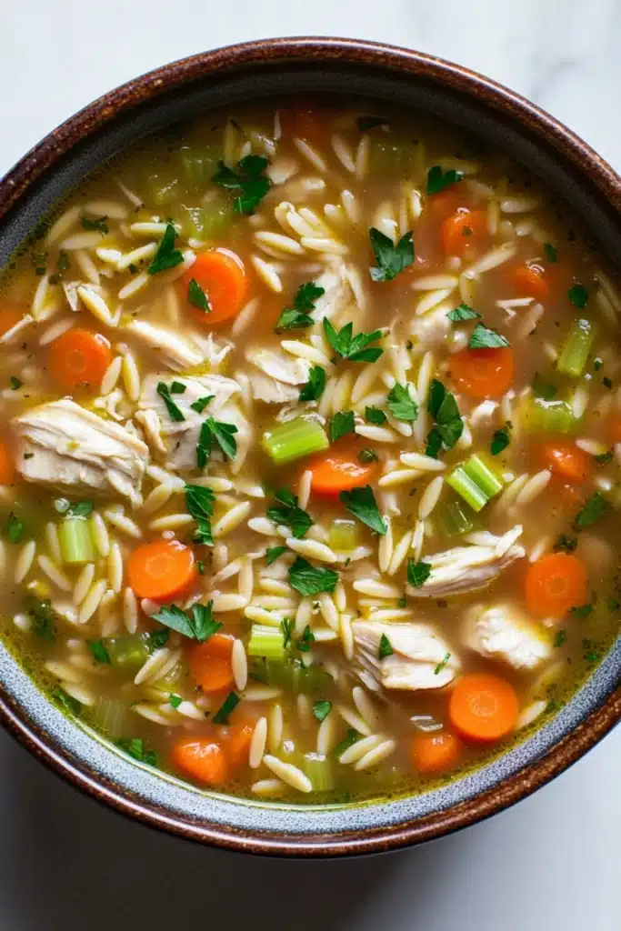 Crock pot chicken orzo soup - the image is a close-up of a bowl of soup. the soup appears to be a type of noodle soup with chunks of chicken, carrots, celery, and other vegetables mixed in. the bowl is made of ceramic and has a brown rim. the broth is a light brown color and looks thick and creamy. there are also a few sprigs of parsley scattered throughout the soup, adding a pop of green color to the dish. the background is a white marble countertop.