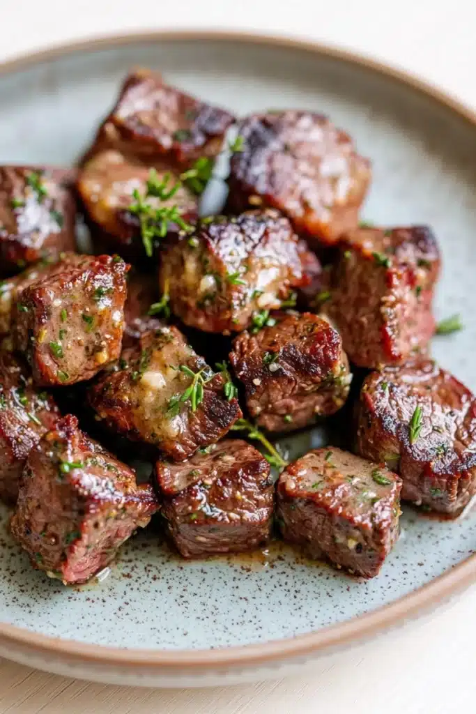 Crockpot garlic butter steak bites - the image shows a plate of cooked meat. the meat appears to be medium-rare and has a reddish-brown color. it is garnished with chopped herbs, likely thyme or rosemary. the plate is white with a speckled pattern, and the meat is arranged in a circular pattern around the edges. the background is blurred, but it seems to be a wooden table.
